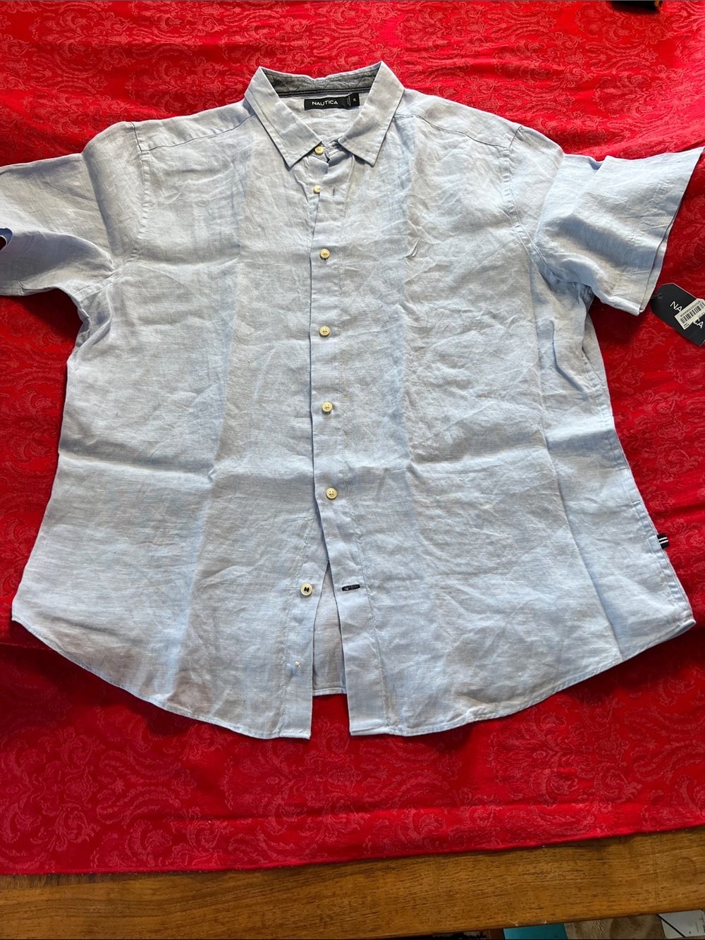 Nautica Men’s Linen Shirt XL Light Blue Short Sleeve Button Front NWT